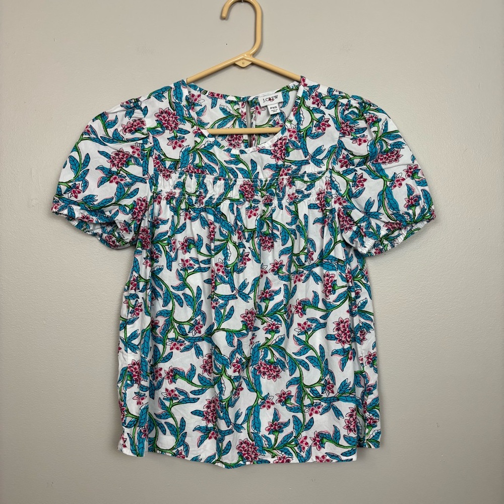 J.‎ Crew Factory Top Womens PXS White Multi Floral Puff Sleeve Cotton Blouse